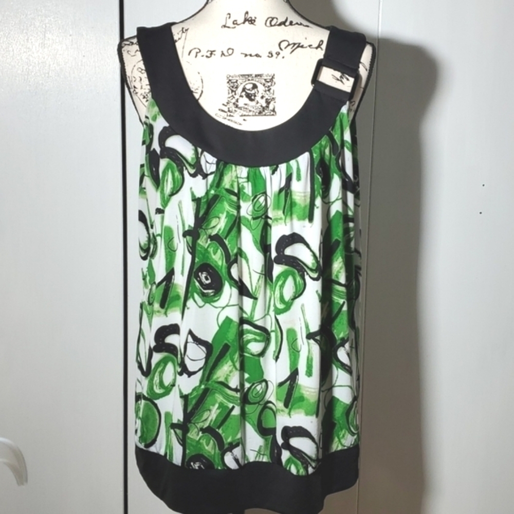 Essentials By Milano- Vintage Y2K Green/Black Artsy Geometric Top Sz. XL